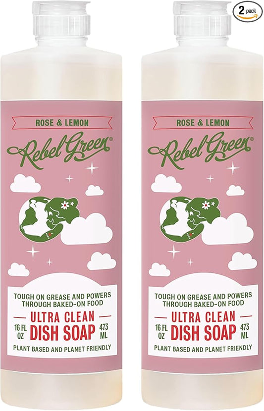 Rebel Green Super Deluxe Dish Soap - Natural Dishwashing Soap - Liquid Dish Detergent - Sustainable Dish Liquid Scented with Rose & Lemon - (16 oz Bottles, 2 Pack)