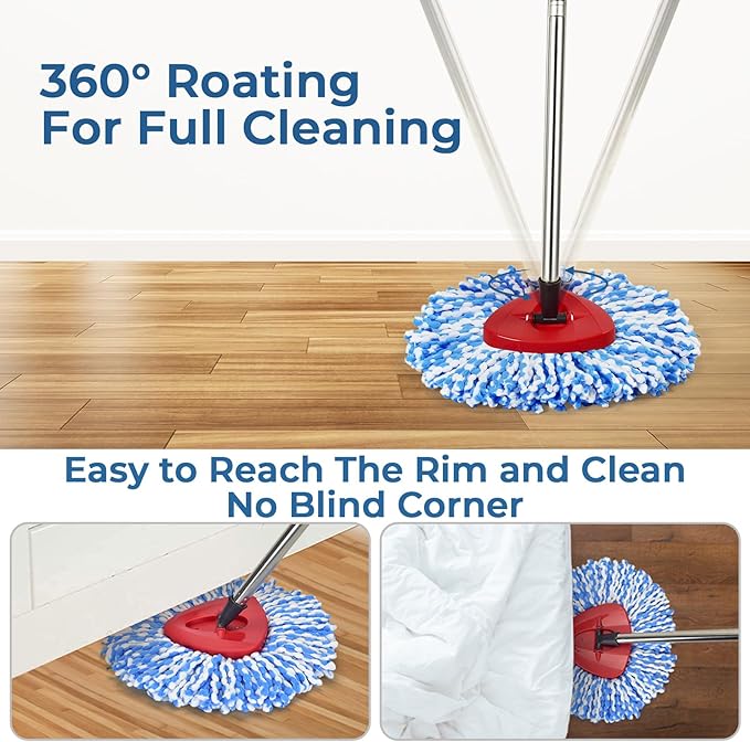 Matthew Spin Mop Replacement Kit - 2 Refill Heads, 30-58in Handle & Base Combo Set (Blue, 1-Tank System)