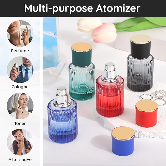 Segbeauty 1oz Perfume Refill Bottle Travel Atomizer, 4pcs Refillable Glass Cologne Travel Bottle, 30ml Perfume Spray Bottles Empty, Small Cologne Atomizer with Refill Tool Kit Blue Black Red Green