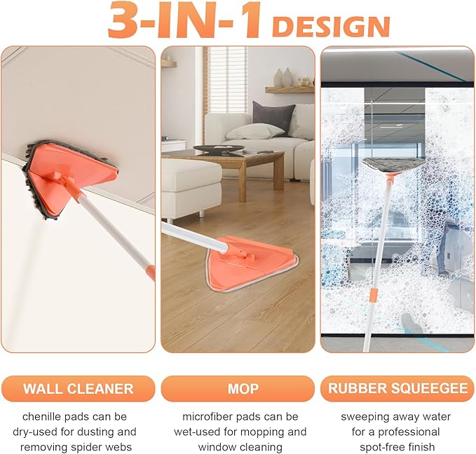 Wall Cleaner Triangle Mop with 82'' Long Handle - Wall Scrubber, Cleaning Washer Tool with 4 Microfiber Chenille Duster Pads for Clean Walls, Ceiling, Windows, Floors, Baseboards (4 Pads)