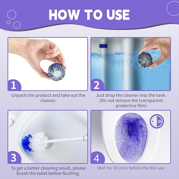 Toilet Bowl Cleaner Tablets, Automatic Toilet Bowl Cleaners, Long-Lasting Toilet Tabs Drop in Tank for Deodorizing & Descaling, Purple, 12 Packs