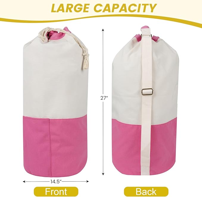 Single-shoulder backpack-style laundry bag with shoulder strap and pockets, made of durable canvas material, with drawstring closure design, suitable for college, travel, laundromats, and apartments.