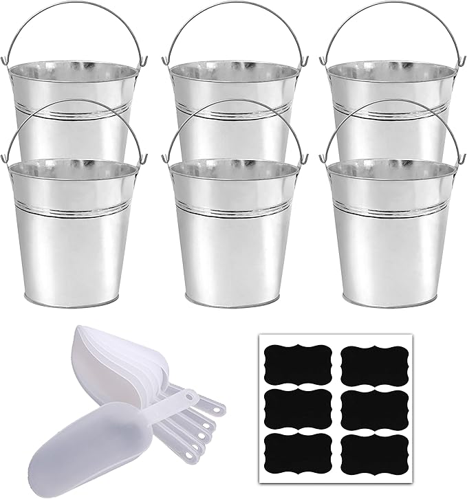 Set of 6 Pcs Galvanized Metal Buckets with Chalkboard Stickers and 5.5" Mini Plastic Kitchen Scoops,5 Inch Tin Buckets, Small Galvanized Pail for Backyard Decoration,Garden Planters.