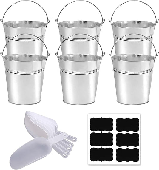 Set of 6 Pcs Galvanized Metal Buckets with Chalkboard Stickers and 5.5" Mini Plastic Kitchen Scoops,5 Inch Tin Buckets, Small Galvanized Pail for Backyard Decoration,Garden Planters.