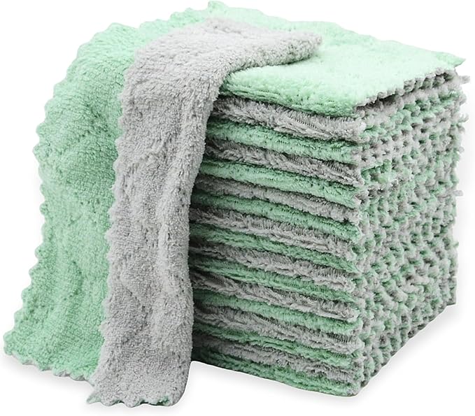 24PCS Kitchen Dishcloth, Microfiber Washcloth, Soft Cleaning Cloths, Coral Fleece/Lint Free/Absorbent/Quick Dry/Nonstick Oil Rags, Reusable Washable Tea Towel, 6''x10'‘ (Green)