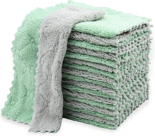 24PCS Kitchen Dishcloth, Microfiber Washcloth, Soft Cleaning Cloths, Coral Fleece/Lint Free/Absorbent/Quick Dry/Nonstick Oil Rags, Reusable Washable Tea Towel, 6''x10'‘ (Green)