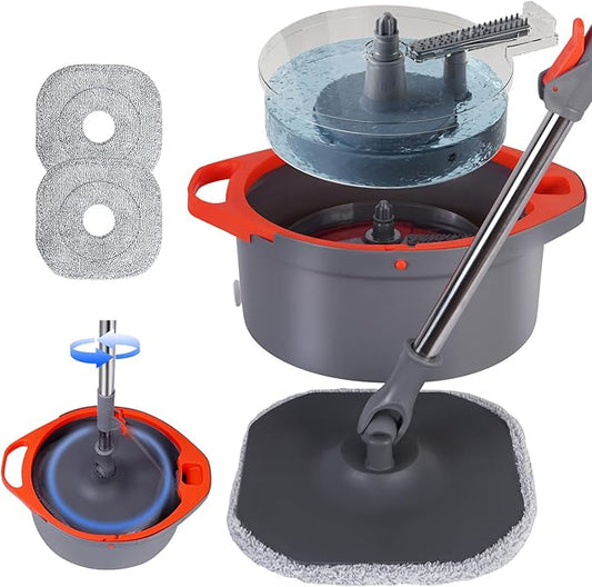 Spin Mop and Bucket Set with Separate Dirty and Clean Water,360° Self Cleaning Mop and Bucket System with Widened Foldable Handle,2 Replaceable Mop Pads,Square Mops for Floor Tile Marble Wall Cleaning