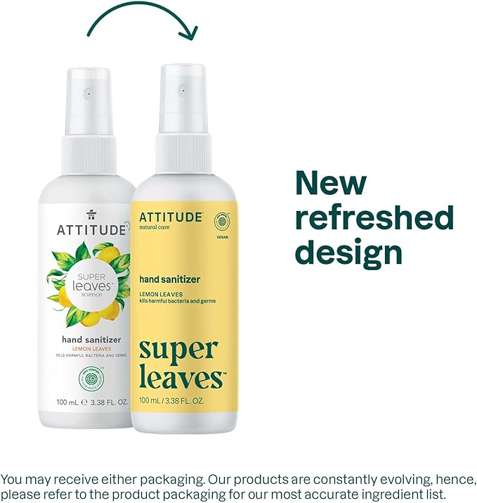 ATTITUDE Hand Sanitizer Spray, EWG Verified, Kills Germs & Bacteria, Vegan & Plant-Based, Safe for Adults & Kids, Lemon Leaves Scent, 3.38 Fl Oz (Spray Bottle)