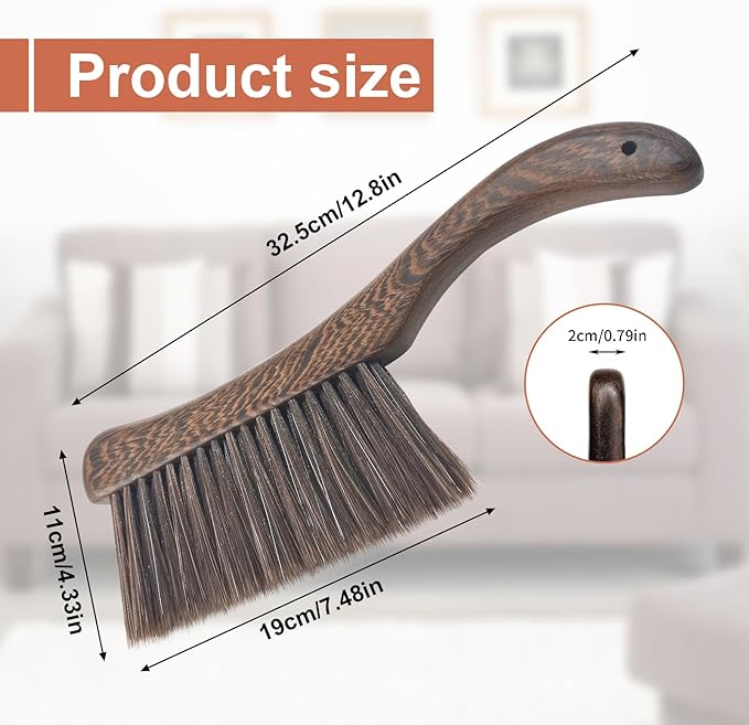 Hand Broom Brush, Wooden Handle Soft Bristle Cleaning Dust Brush,Bench Brushes with Bristlesfor Furniture, Bed, Car, Bench, Crevice Cleans, Sofa, Fireplace, Clothes（Curved Handle）