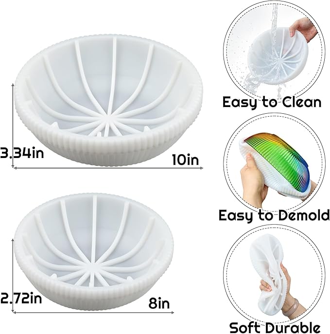 Large Resin Molds Silicone 10" 8'' Round Striped Deep Bowl Epoxy Resin Casting Mold 2 Pack Concrete Cement Mould for DIY Planter Jewelry Storage Container Makeup Organizer Candle Vessel Art Craft Mold