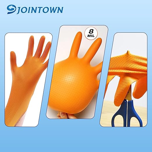 Jointown Basic Heavy Duty Nitrile Gloves, Mechanic Gloves 8 Mil Nitrile Disposable, with Raised Diamond Texture, Case of 100, Orange, XLarge