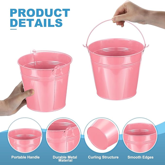 PATIKIL 5.9"x5.1" Small Metal Buckets with Handle, 6 Pcs Mini Galvanized Bucket Colorful Easter Buckets for Crafts Party Favors Decoration, Pink