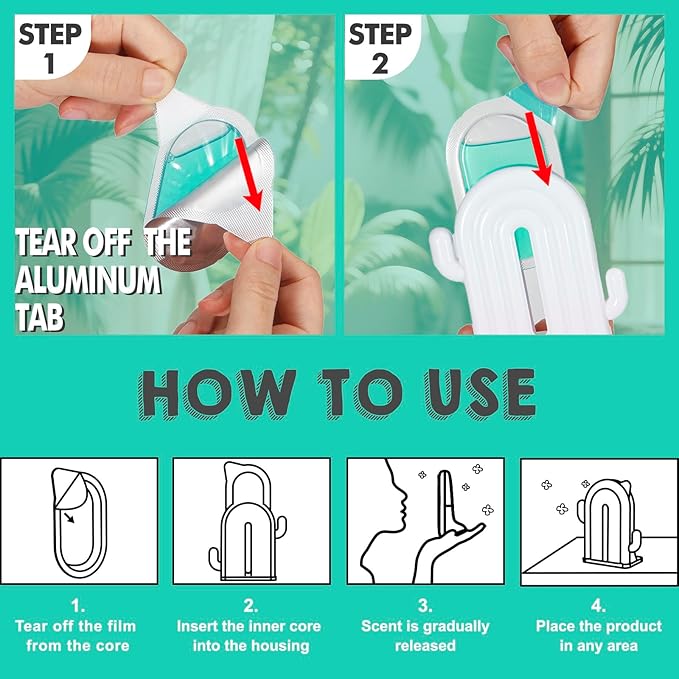 Air Freshener for Home, 2 Pack, 2 Refill, Eucalyptus Scent, Odor Eliminator, Up to 120 Days, Cactus-shaped Freshener for Closet Bathroom, Cute Home Decor, White and Green