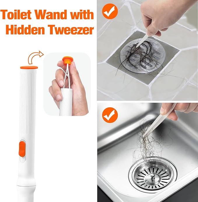 JEHONN Disposable Toilet Brush with Tweezers, Toilet Bowl Wand Holder Set with 42 Cleaner Refills, Bathroom Cleaning System for Sink Bathtub Wash Basin (White Orange)