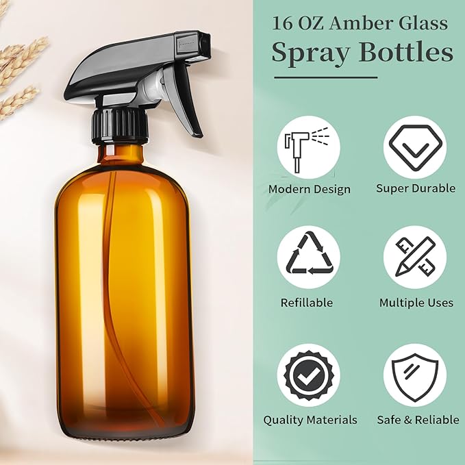 16oz Amber Glass Spray Bottles,2 Pack Glass Spray Bottles Refillable Empty Bottle with Adjustable Nozzle,Spray Bottle for Essential Oils,Cleaning,Pets,Hair Mister