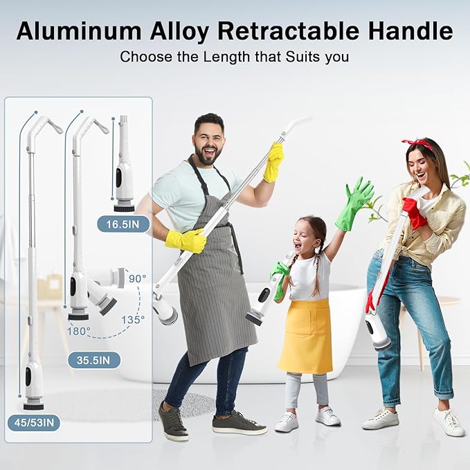 Electric Spin Scrubber, 2025 Upgraded Cordless Bathroom Scrubber, Aluminum Alloy Telescopic Handle, Shower Cleaner Brush with LED Display, 3 Speeds, 8 Brush Heads, IPX7 Bathtub Electric Cleaning Tool