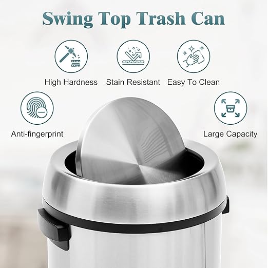 Garvee 17 Gallon Trash Can, Fingerprint-Proof Stainless Steel Swing Top Garbage Can, Heavy Duty Commercial Round Trash Bin with Swing Lid for Restaurant, Home, Office, Silver