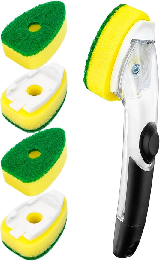 HELIME Dishwand Handle with 5 Heavy Duty Sponge Refills,Dish Wand Refill with Hole,Non-Scratch Dishwashing Brush with Soap Control Dispenser, Leak-Proof Kitchen Scrubber for Pans,Dishes,Scrub Clean
