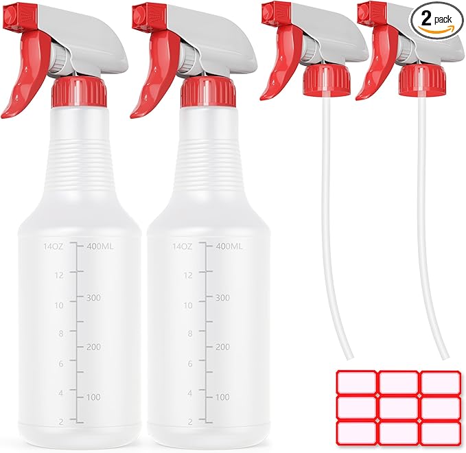 Veco Spray Bottle (2 Pack&2 extra Nozzle,16 Oz) with Measurements and Adjustable Nozzle, HDPE Plastic Spray Bottles for Cleaning Solution, Household/Commercial/Industrial Use, No Leak and Clog