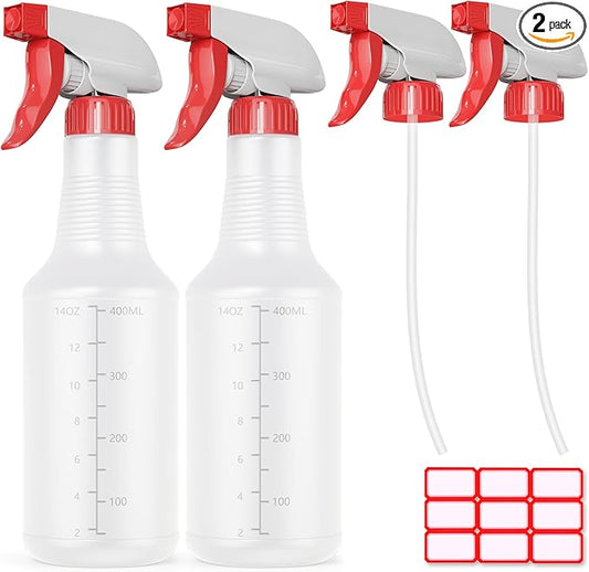 Veco Spray Bottle (2 Pack&2 extra Nozzle,16 Oz) with Measurements and Adjustable Nozzle, HDPE Plastic Spray Bottles for Cleaning Solution, Household/Commercial/Industrial Use, No Leak and Clog