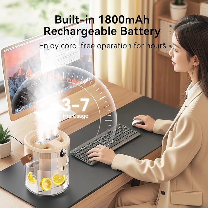 Smart Humidifiers for Bedroom, Rechargeable Top Fill Humidifier with Night Light, 1.4L Cool Mist Humidifier for Office Home Plant and Baby, 3-Speed Mist Control, Quiet, Auto Shut-Off (Beige)