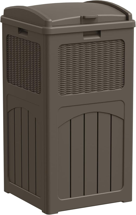 Greesum 33 Gallon Outdoor Trash Can with Lid, Waterproof Resin Garbage Bin for Hideaway, Deck, Patio, Dark Brown