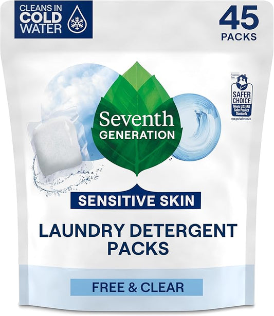 Seventh Generation Laundry Detergent Packs, Free & Clear, Made for Sensitive Skin, 45 Count