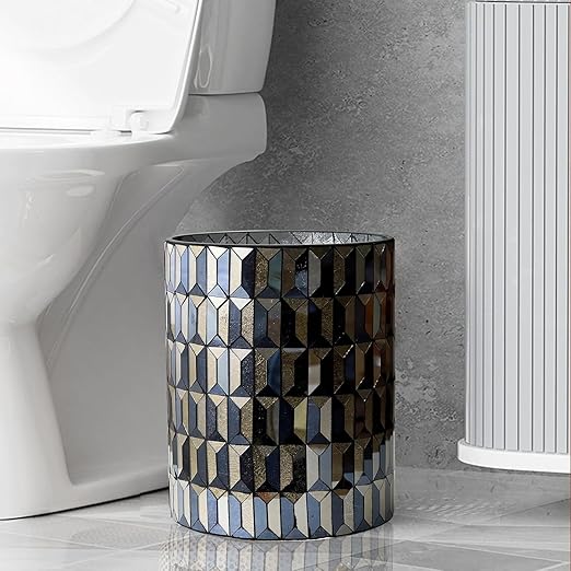 Escenzy Modern Bathroom Trash Can Mosaic Glass 6L | Decorative Small Garbage Can | 8" x 10" | Luxury Waste Basket for Restroom, Office, Bedroom & Kitchen | Shiny Black and Gold Bathroom Accessories