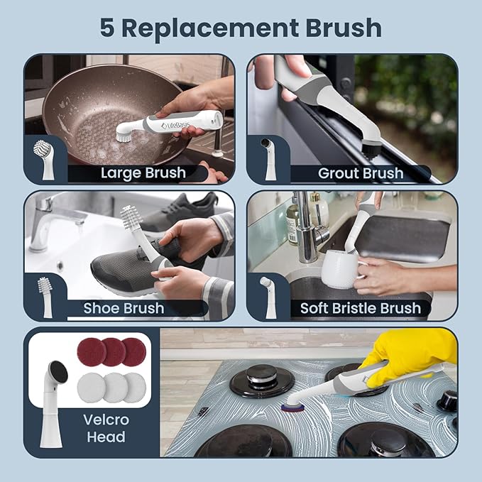 LifeBasis Rechargeable Power Scrubber, Cordless Electric Cleaning Brush, Water Resistant Small Electric Grout Brush with 5 Brushes for Home/Kitchen/Bathroom/Grout/Tile/Shower/Tub, White