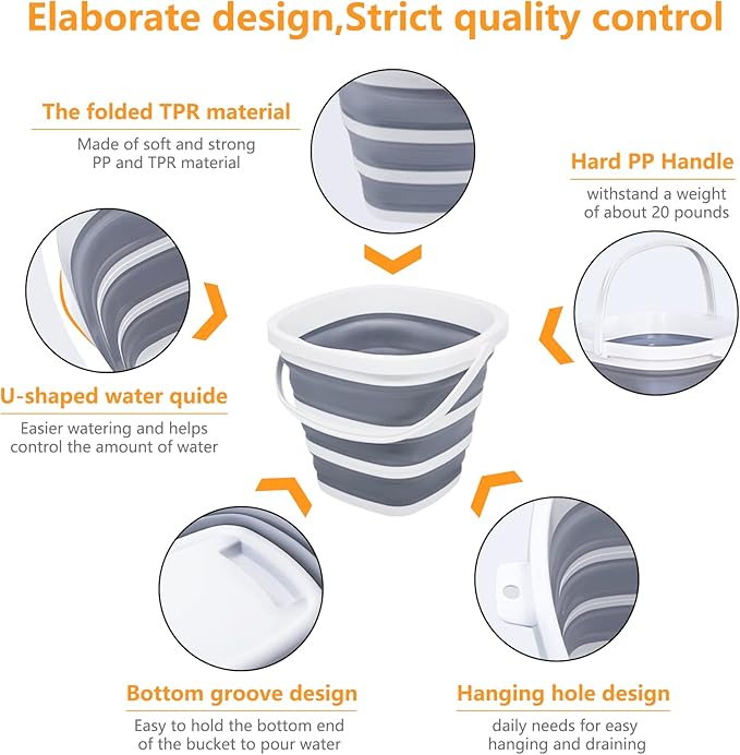 2 Pack Collapsible Bucket, 2.6 Gallon (10L) - Square Foldable Mop Bucket for House Cleaning, Car Washing, Camping - Portable Water Pail for Outdoor, RV, Travel (Grey)