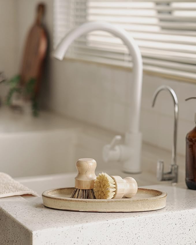 Jungle Culture Kitchen Dish Scrubber Set of 2 • Bamboo Dish Brush for Washing Pots, Pans, Dishes & Plates • Natural Bristle Wooden Brushes for Washing Up • Zero Waste Firm & Soft Eco Scrub Brush