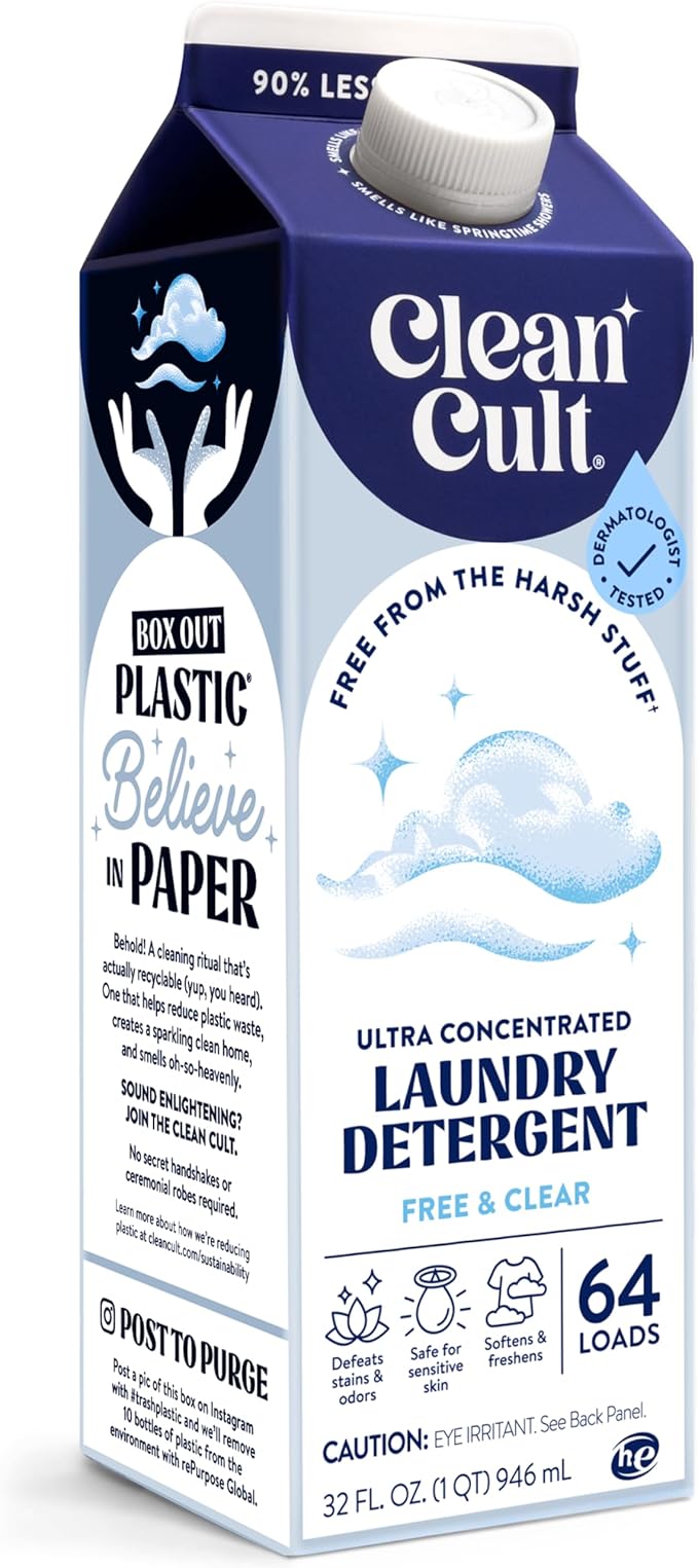 Ultra Concentrated Liquid Laundry Detergent Soap, 64 loads (32 oz), 90% Less Plastic, No Harsh Chemicals, Free & Clear, Defeats Stains & Odors, Eco-friendly, HE/Standard Compatible