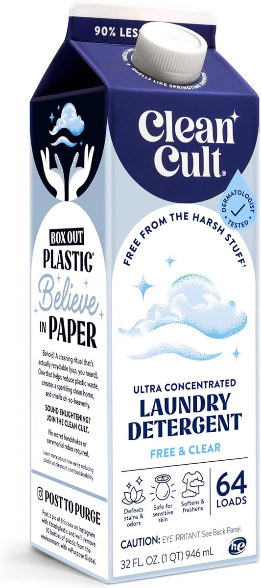 Ultra Concentrated Liquid Laundry Detergent Soap, 64 loads (32 oz), 90% Less Plastic, No Harsh Chemicals, Free & Clear, Defeats Stains & Odors, Eco-friendly, HE/Standard Compatible