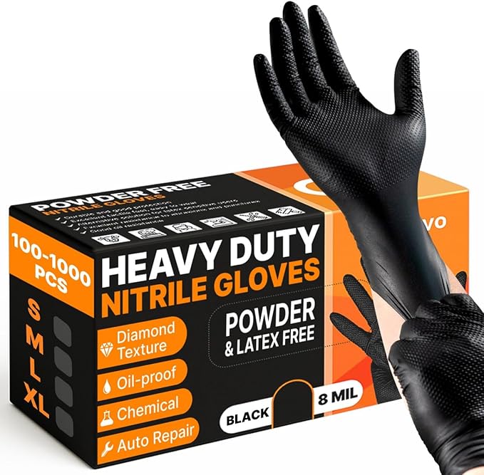 Disposable 5 & 8 Mil Black Nitrile Gloves 100-1000Pcs S-XL – Heavy Duty Latex & Powder-Free – Textured, Chemical-Resistant