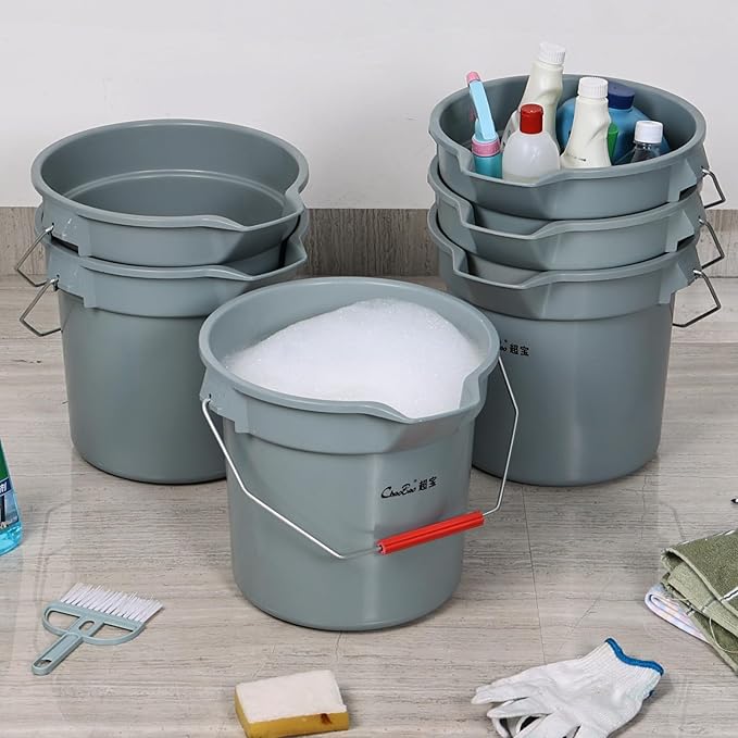6-Pack Plastic Round Bucket with Handle, 14 Quart Cleaning Bucket, Utility Pail with Pour Spout, Grey
