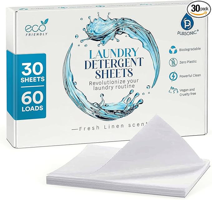 Pursonic Eco Laundry Detergent Sheets - 30 Sheet (60 Loads) Natural Zero Plastic Laundry Sheets with Powerful Cleaning Power - Travel Essentials, Quick-Dissolving & Mess-Free (Fresh Linen)