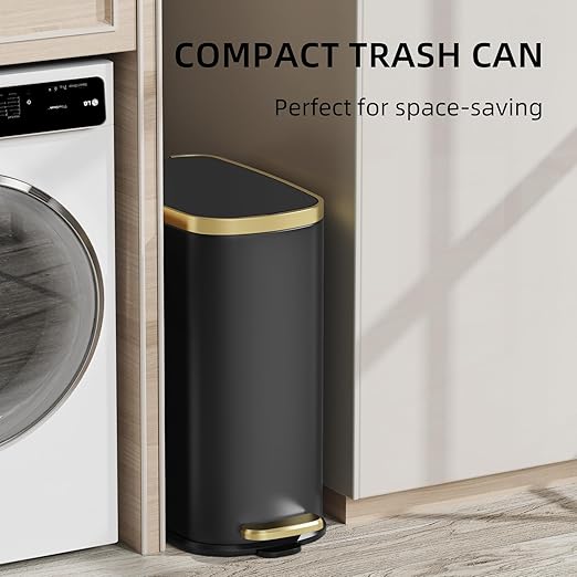 KUK Small Bathroom Trash Can with Lid Soft Close, Step Pedal, 2.4 Gal Stainless Steel Garbage Can with Removable Inner Bucket, Anti-Fingerprint Wastebasket for Office, Bedroom, Toilet (Black)