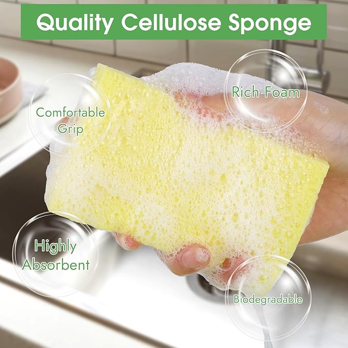 12 PCS Dish Sponges Kitchen, Non Scratch Cleaning Sponge for Non Stick Cookware, Natural Compressed Cellulose Wash Scrub for Household Bathroom, Soft Washing Scrubbers (Yellow)