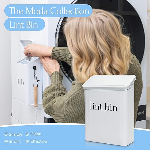 Magnetic Lint Bin for Laundry Room Organization and Storage, Includes Magnetic Hook & Lint Brush, Wall-Mounted Laundry Dryer Bin for Laundry Room Decor, Space-Saving Trash Can (Matte White)