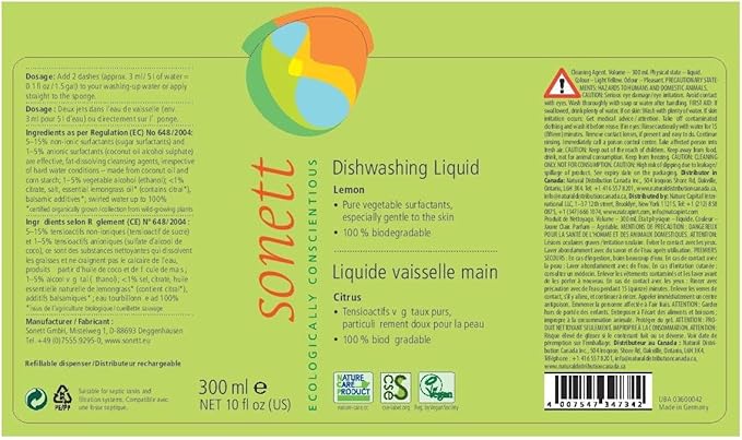 Sonett Organic Dishwashing Liquid Organic 100% Biodegradable (Lemon, 10 Fl.Oz (1 Count))