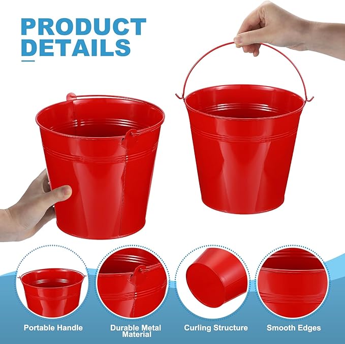 PATIKIL 7"x6.5" Small Metal Buckets with Handle, 6 Pcs Mini Galvanized Bucket Colorful Easter Buckets for Crafts Party Favors Decoration, Red