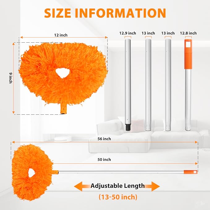 Ceiling Fan Cleaner Duster High Ceiling Extended Fan Blade Cleaner from 13 to 50 Inch Reusable Microfiber Ceiling Fan Duster with Extension Handle for Furniture Bookshelves Wall Door (Orange)