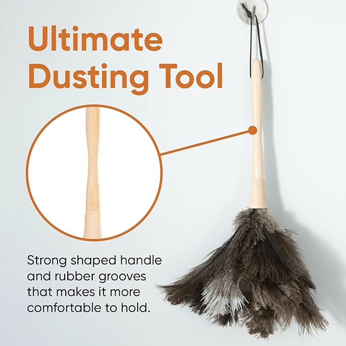 Superio Ostrich Feather Duster Fluffy Dust Remover, with Wooden Handle Reusable for Cleaning Homes, Ceilings, and Furniture (3 Pack) (2 Pack)