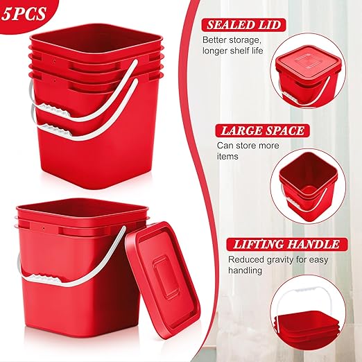Mumufy 5 Pcs 3.5 Gallon Square Food Grade Bucket with Lid Square Bucket Pail with Plastic Handles for Storing Dry Food, Charcoal, Camping, Fishing (Red)