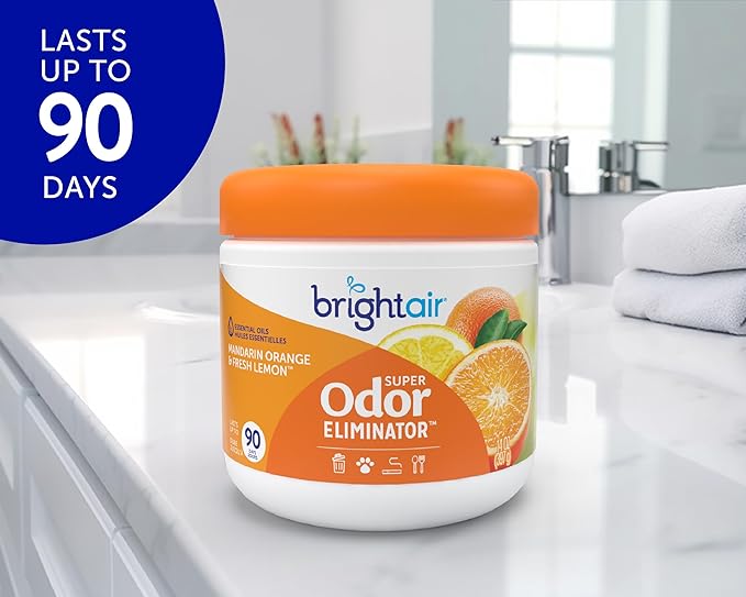 Bright Air 14 oz. Super Odor Eliminator, For Medium-Size Spaces, Mandarin Orange and Fresh Lemon Scent, Case of 6, Air Freshener, Natural Essential Oils, Lasts Up to 90 Days Each
