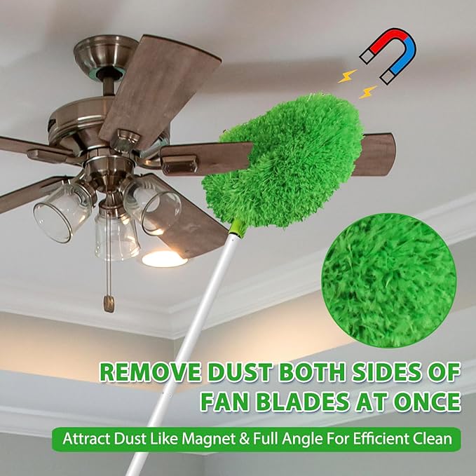 Ceiling Fan Cleaner Duster High Ceiling Extended Fan Blade Cleaner from 13 to 50 Inch Reusable Microfiber Ceiling Fan Duster with Extension Handle for Furniture Bookshelves Wall Door (Green)