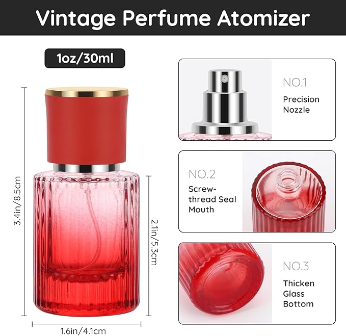 Segbeauty 1oz Perfume Spray Bottle, 30ml Red Vintage Refillable Perfume Bottle Glass Sprayer Bottles for Women, 2Pcs Large Cosmetic Cologne Travel Atomizer Portable Clear Cologne Container for Travel