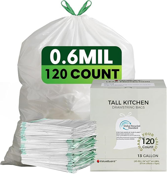 Large Trash Bag 13 Gallon Tall Drawstring 100% Post-Consumer Recycled Garbage Bag Waste Bag for Kitchen Office