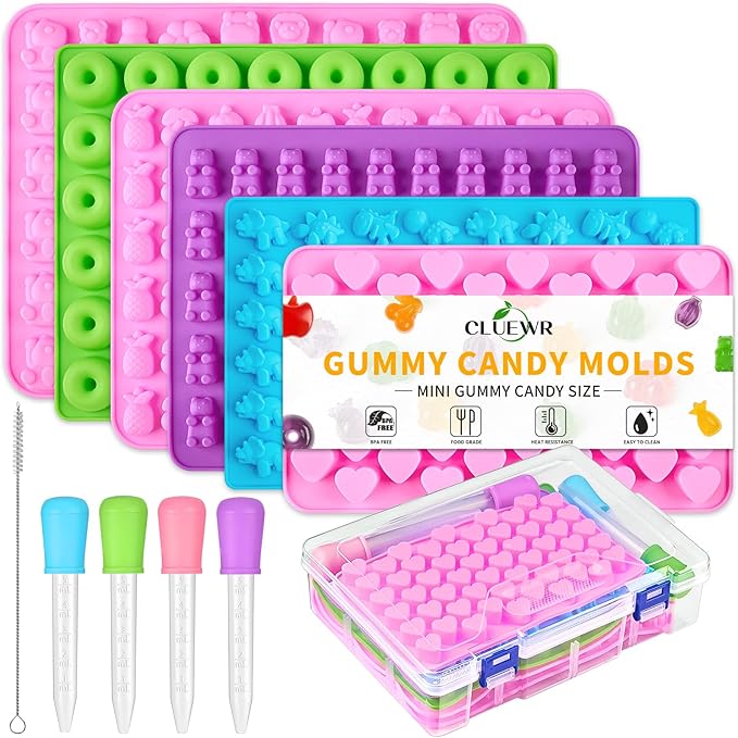 6 Pcs Mini Gummy Candy Molds Set, Silicone Bear Donut Dinosaur Fruit Snack Molds with 4 Droppers, Storage Box and Brush for Small Jello Candy Chocolate Gummy
