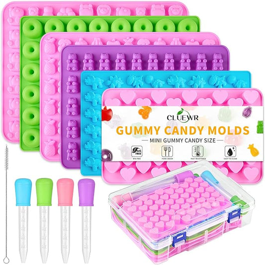 6 Pcs Mini Gummy Candy Molds Set, Silicone Bear Donut Dinosaur Fruit Snack Molds with 4 Droppers, Storage Box and Brush for Small Jello Candy Chocolate Gummy